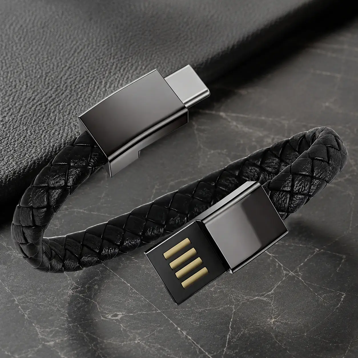 Premium Weave Braided Fast Charging Wristband Cable Cord, Durable Leather Strap with Type-C Portable Wrist Wearable Charger for On-the-Go Power.