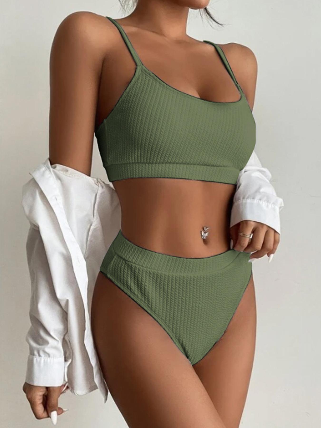 Women's Textured Bikini Set, Fashion Adjustable Strap Swim Top & High Waist Swim Bottom, Ladies Summer Clothes