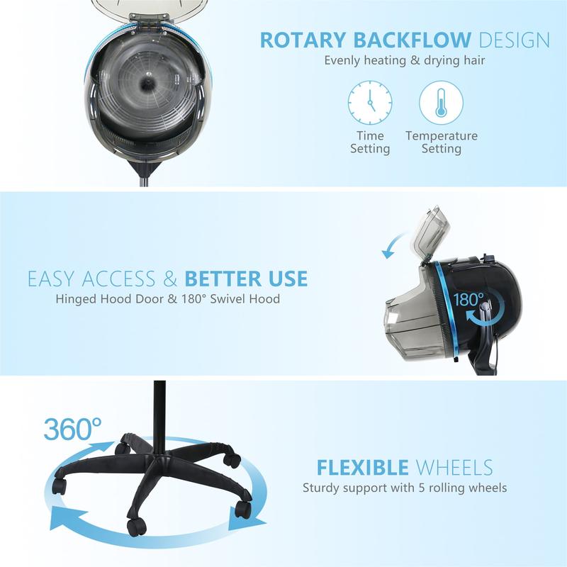 ZENY 1300W Adjustable Hooded Hair Dryer with 360° Swivel Base & 180° Swivel Hood for Home & Salon Use