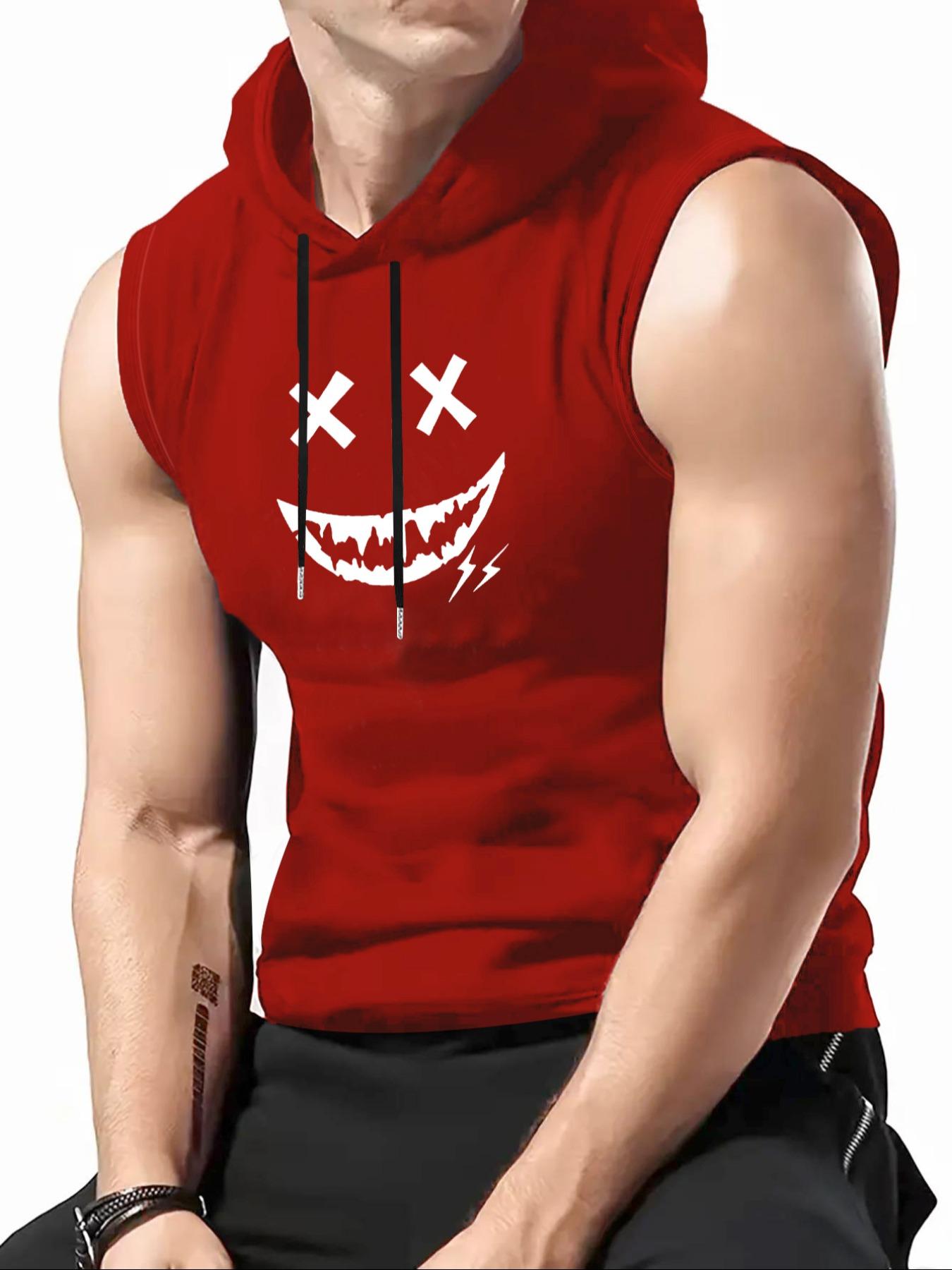Men's Regular Fit Smile Face Print Tank Hoodie, Casual Graphic Sleeveless Hoodie for Summer, Fashion Men's Top for Daily Wear, Sweatshirts, Hot Trending Hoodies, Casual Sports Hoodie