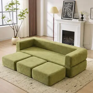 ARCH Modular Sofa Bed 3-Seat Convertible Sectional Couch with 3 Ottomans Detachable L-Shaped Sofa for Living Room Small Apartment Home Theater Green Grey Chenille Foam, Green/Grey Color Options, Foam Material, 3 Seat Seat Count, Minimalist Style