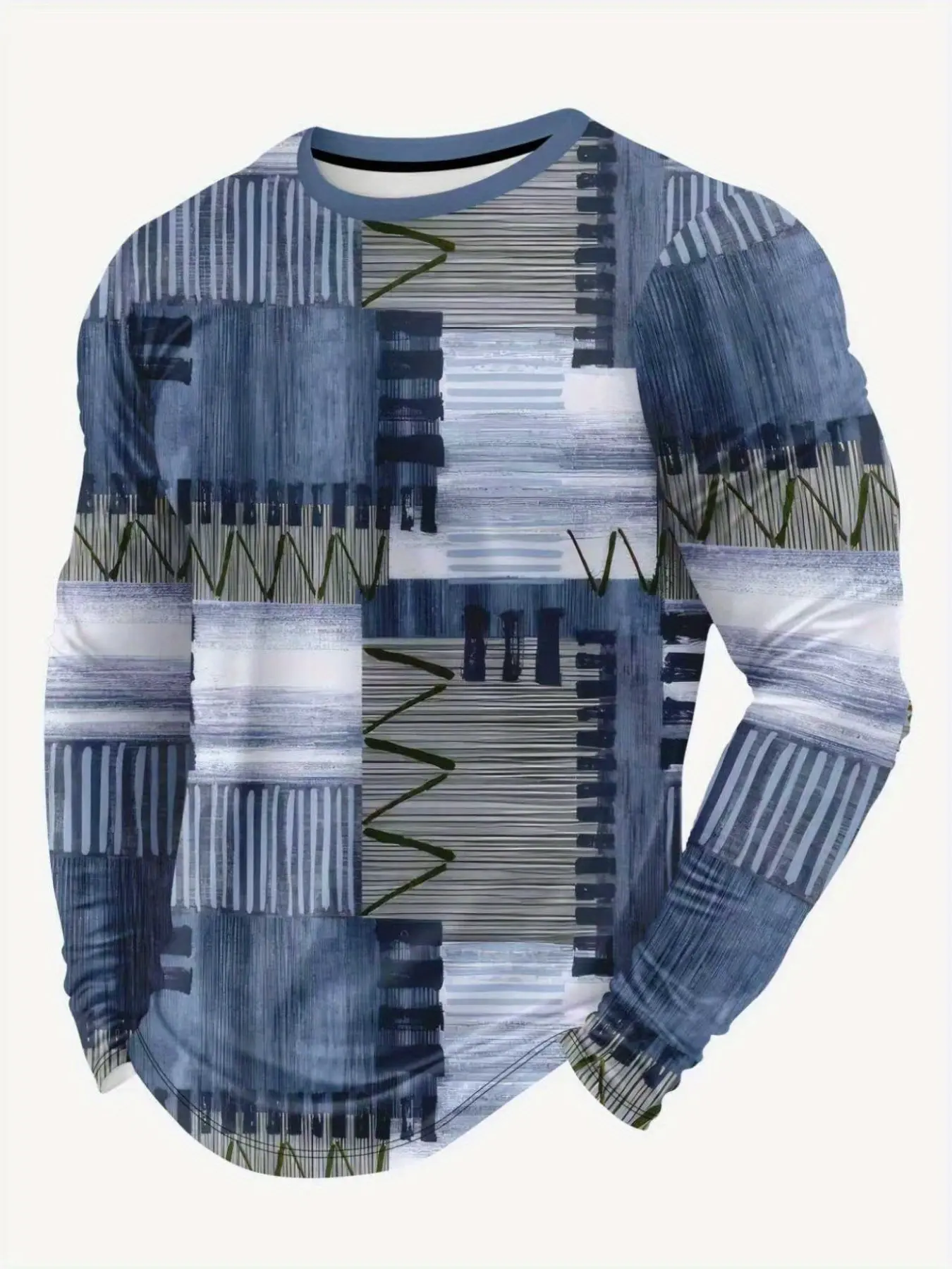 Men's Round Neck Long Sleeve T-Shirt, Abstract Geometric Art Print, Vintage Patchwork Pattern, Casual Streetwear, All Seasons