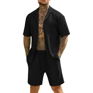 JEMLDL Men's 2 Piece Shorts Set Summer Beach Outfits Short Sleeve Button Down Shirts Vacation Textured Sets