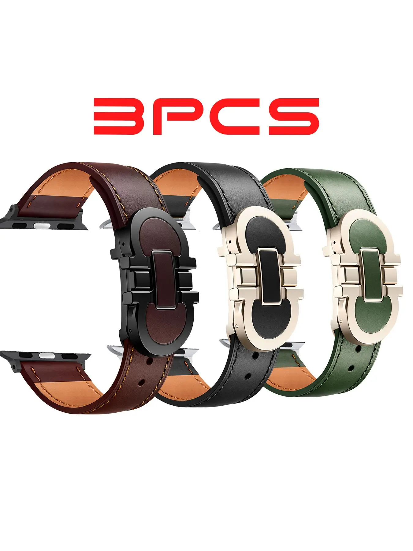 3 Pcs Elegant Dual Color Calfskin Apple Watch Bands, Business Dress Leather Straps with Designer Metal Clasp, All Seasons Accessory