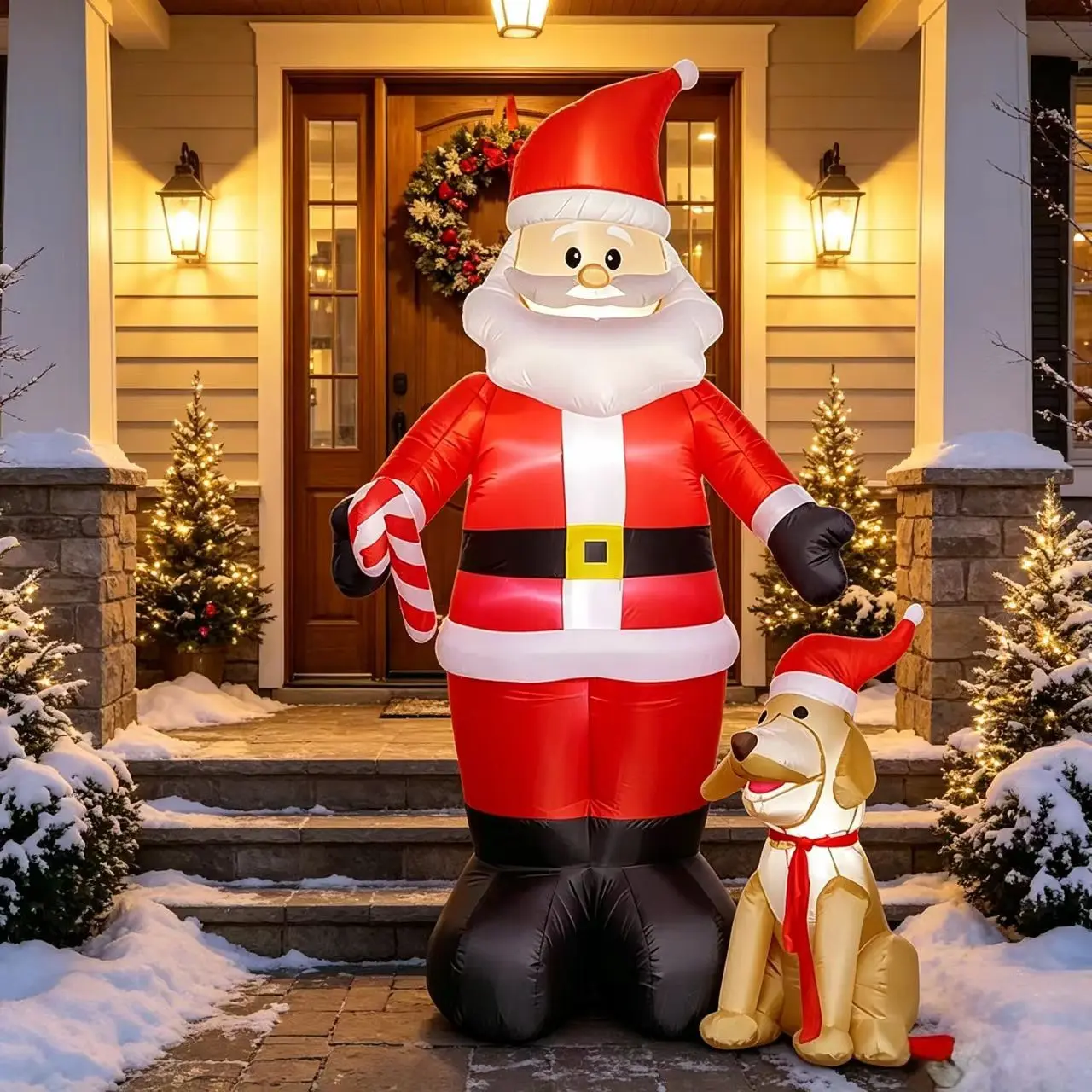 2.4m Christmas Santa Dog LED Inflatable Yard Decoration, Outdoor Holiday Ornament, Glow-In-The-Dark Santa Dog Balloon, Festive Garden Decor