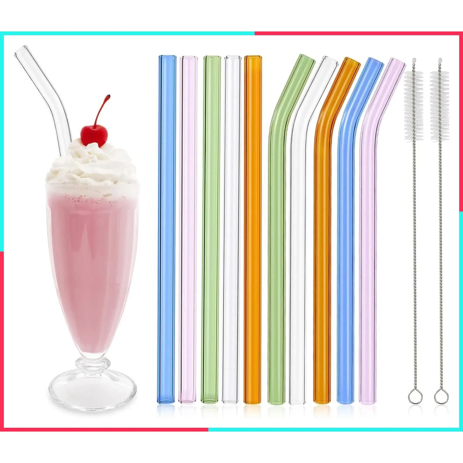 10 Pcs Reusable Glass Smoothie Straws, 9''x12 mm Glass Drinking Straws for Milkshakes, Tea, Juice, Set of 5 Straight and 5 Bent with 2 Cleaning Brushes - Dishwasher Safe (Colorful)