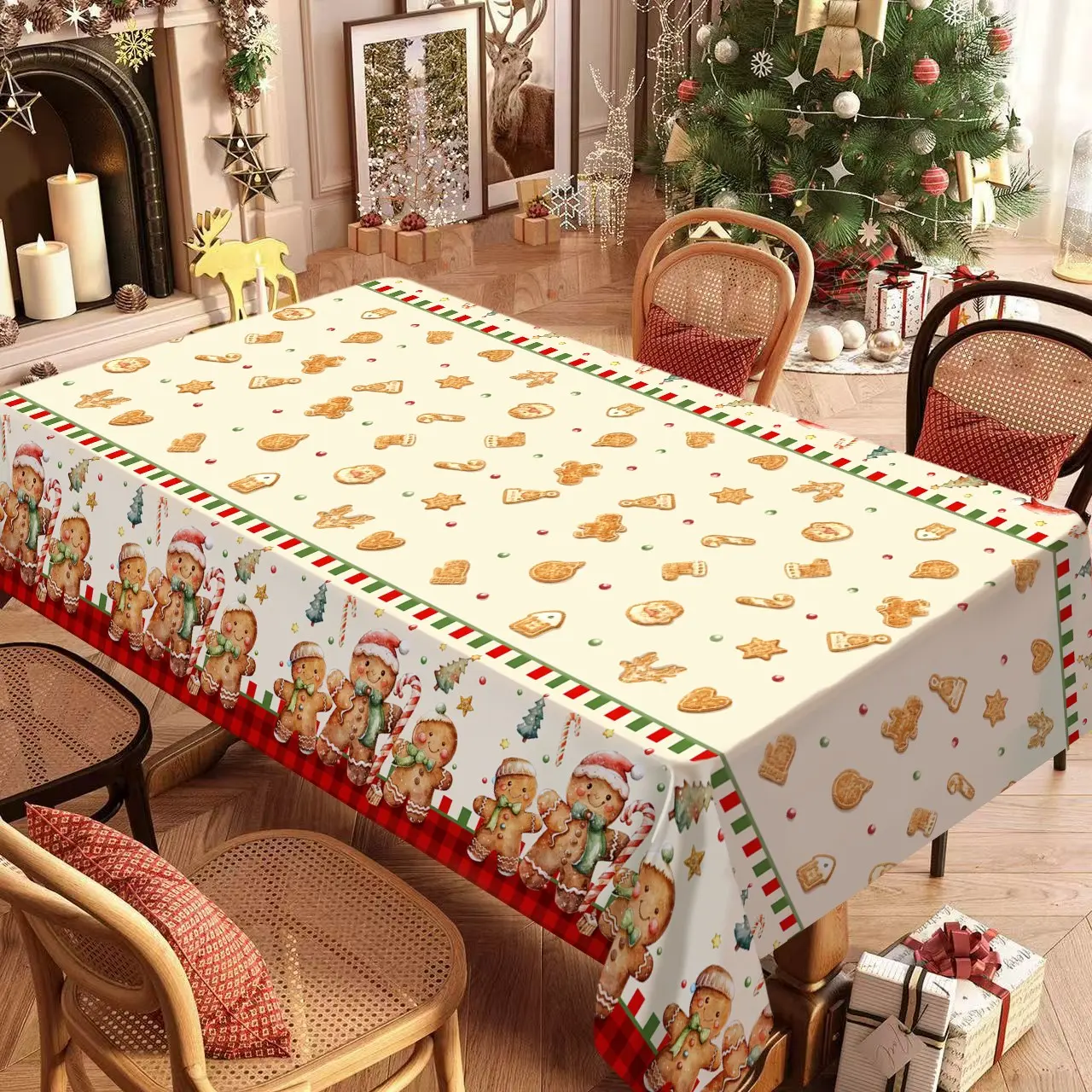 Christmas Tablecloth with Gingerbread Man Pattern, Rectangular, Indoor Outdoor Use, Wedding Party Decor