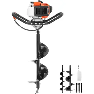 Post Hole Digger,52cc 1450W Auger Digger,Gas Powered Earth Digger with Two Drill Bit 6''& 10''and 3 Extension Rods,for Farmland,Garden and Plant,EPA Certification,Black+Orange+White