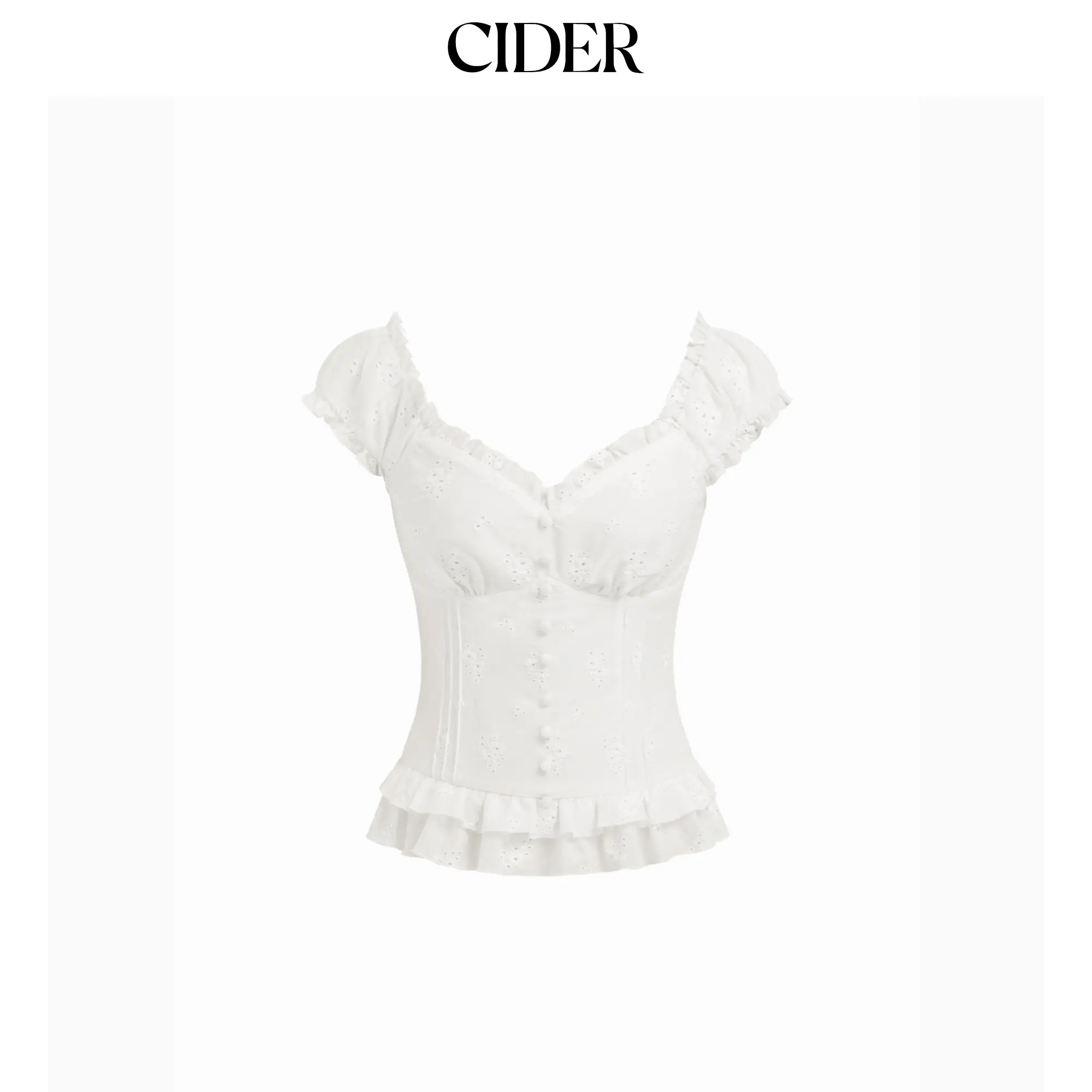 Cider Cotton Embroidery Floral Ruffle Hem Button Blouse