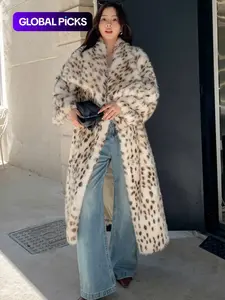 Women's Leopard Print Faux Fur Coat, Casual Long Sleeve Waterfall Collar Fuzzy Coat for Fall & Winter, Women's Clothing for Daily Wear