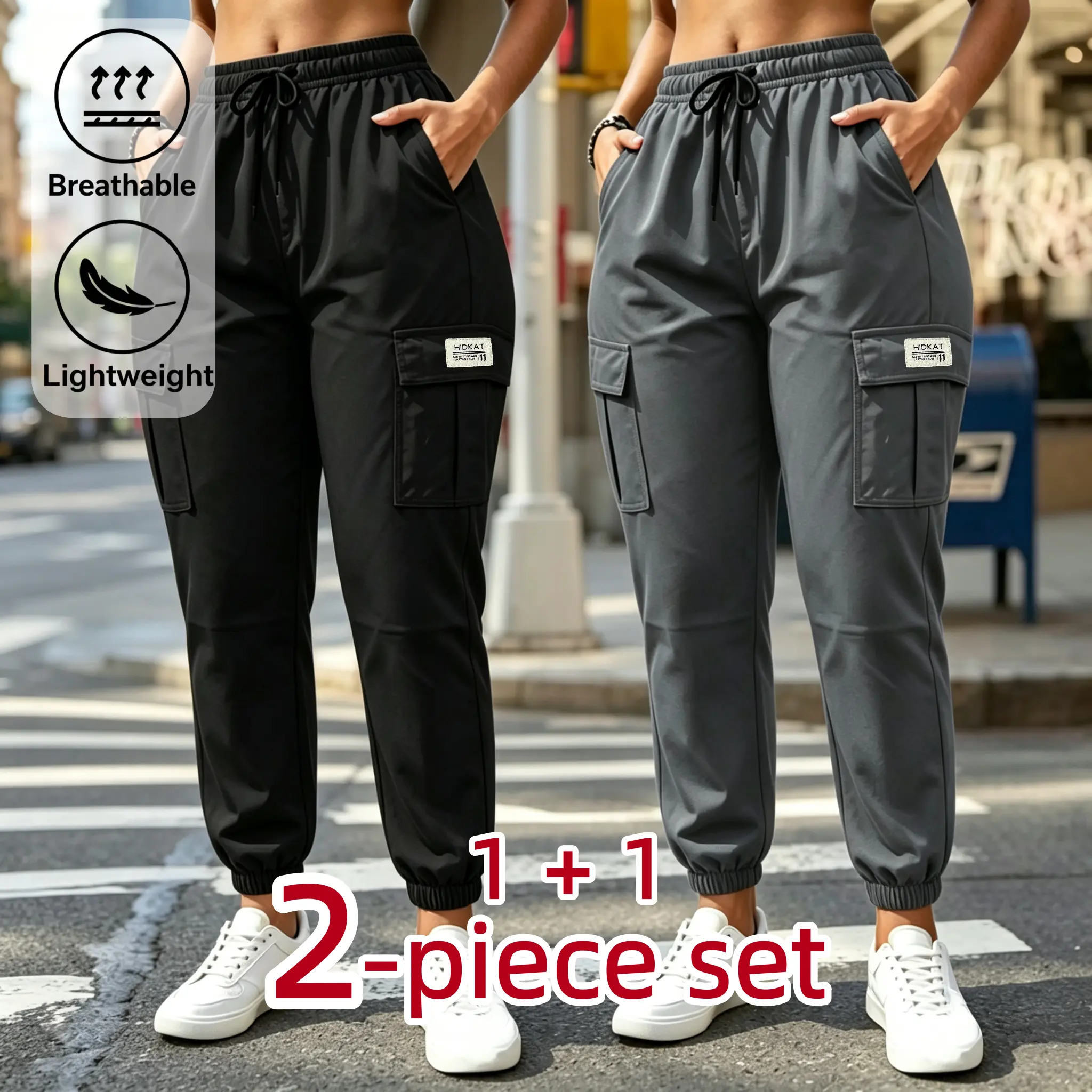 2PC Women's Casual Pants, Lightweight and Breathable Commuting Pants, Elastic Waist Drawstring Pants, Multi Pocket Ankle Tied Work Pants, Suitable for Outdoor Jogging, City Work, Daily Use