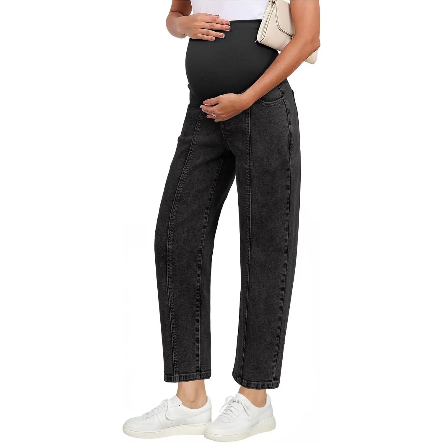 Women's Maternity Jeans Seamed Front Baggy Leg Over Belly Stretchy Pregnancy Ankle Denim Jean with Pockets