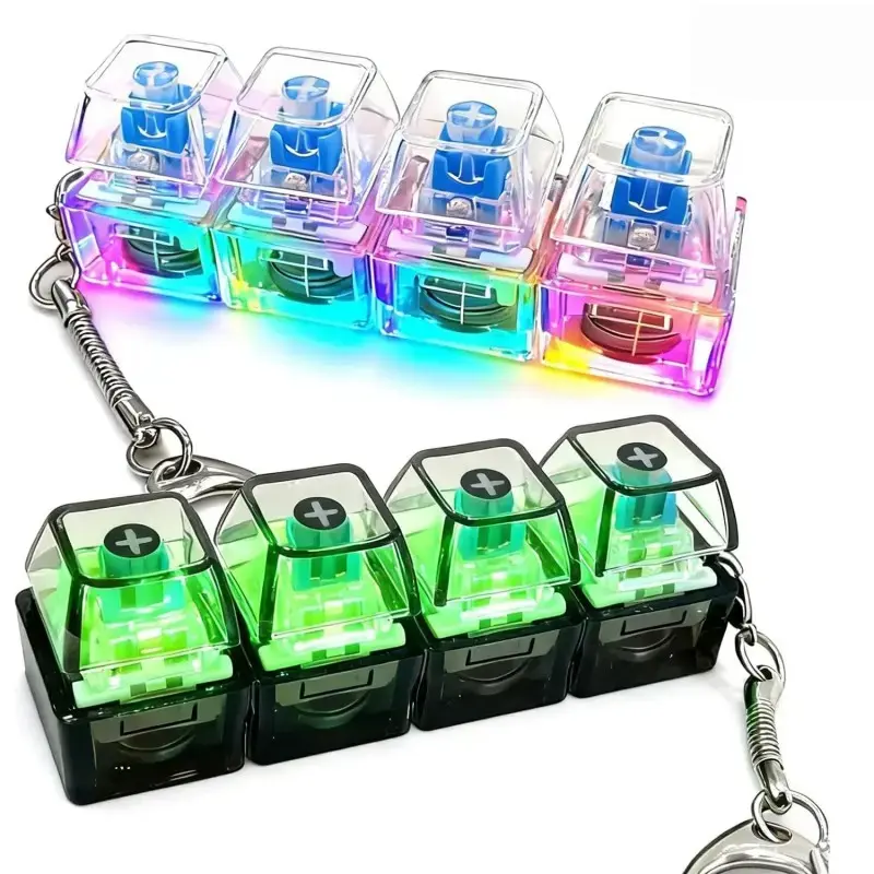 Glowing Keyboard Fidget Toy, 4-In-1 Stress Relief Keychain with LED Lights, Clear Keyboard Button Finger Clicker for Anxiety Relief decorative key Neon Decompression Squeeze