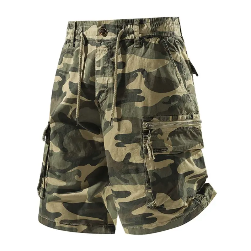 Men's Summer Camo Cargo Five-Point Shorts, Drawstring Waist Side Zipper Pockets, Loose Straight Casual Shorts For Daily Commuting & Outdoor Wear # VintageStreetwear # SummerVibes