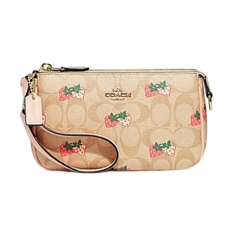 COACH Nolita 19 Classic Monogram Strawberry Print Coated Canvas and Leather Crossbody Bag for Women, Khaki and Pink