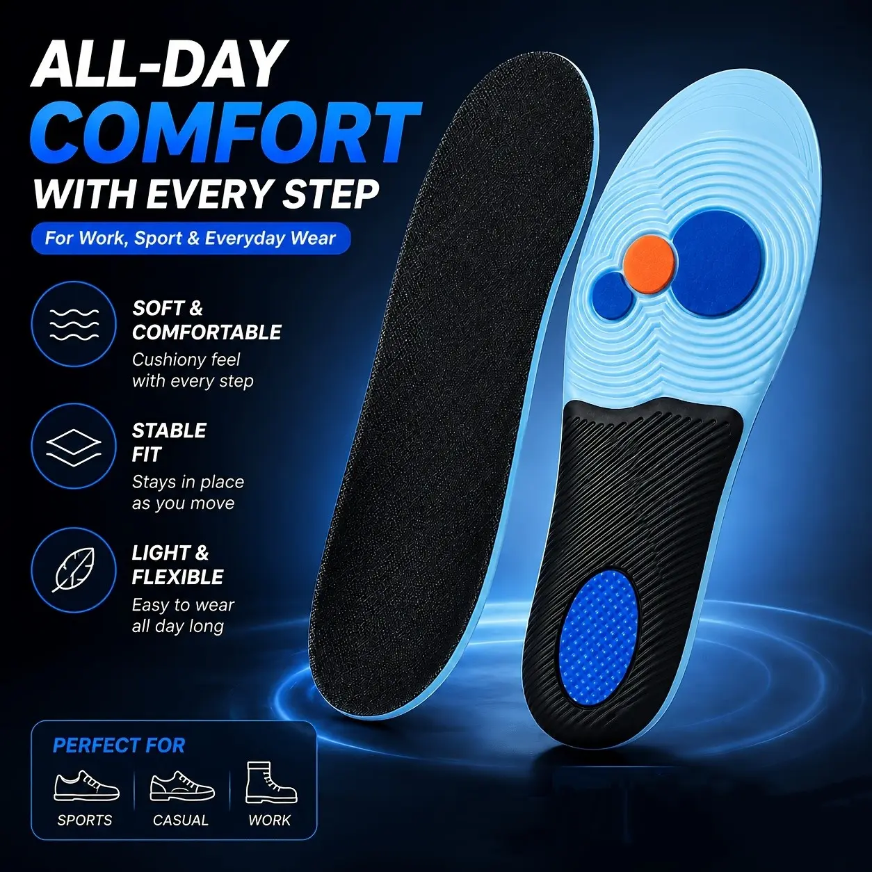 Unisex Arch Support Orthotic Insoles for Flat Feet, Comfortable Breathable Cushioning, Suitable for Work Boots and Various Shoes, All-Day Standing Relief