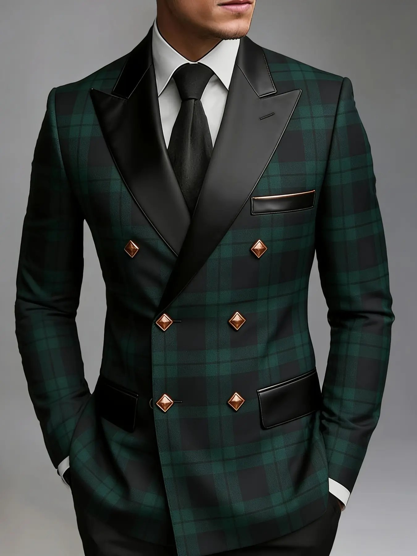 Ainwear Men Plaid Double Breasted Blazer, Faux Leather Peak Lapel Suit Jacket, Casual All Seasons Outerwear