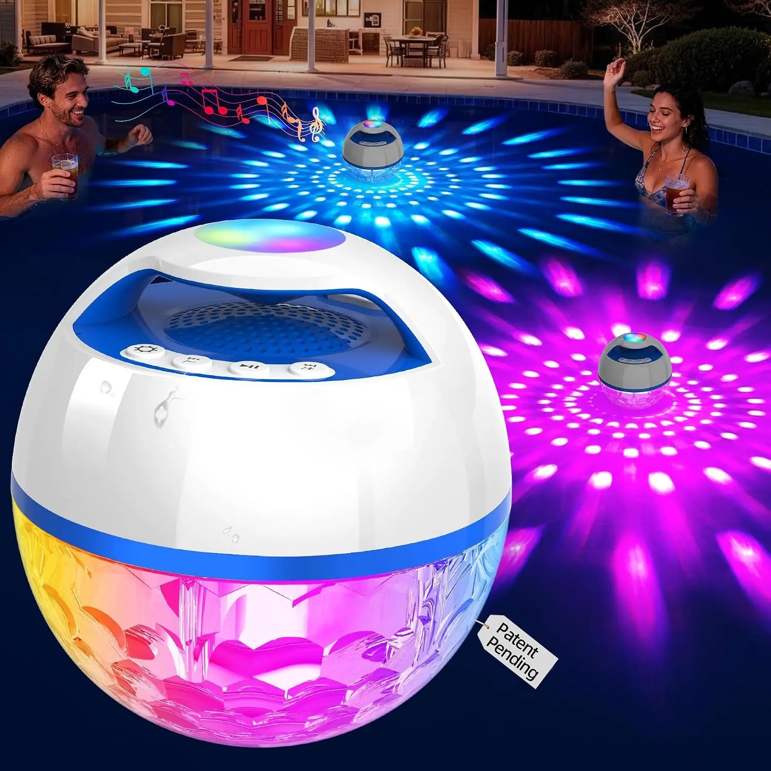 2026 Upgraded Bluetooth Pool Speaker, Floating Pool Speaker with Top & Bottom Lights, BT5.4 Hot Tub Speaker IP68 Waterproof, Portable Floating Speaker for Pool White