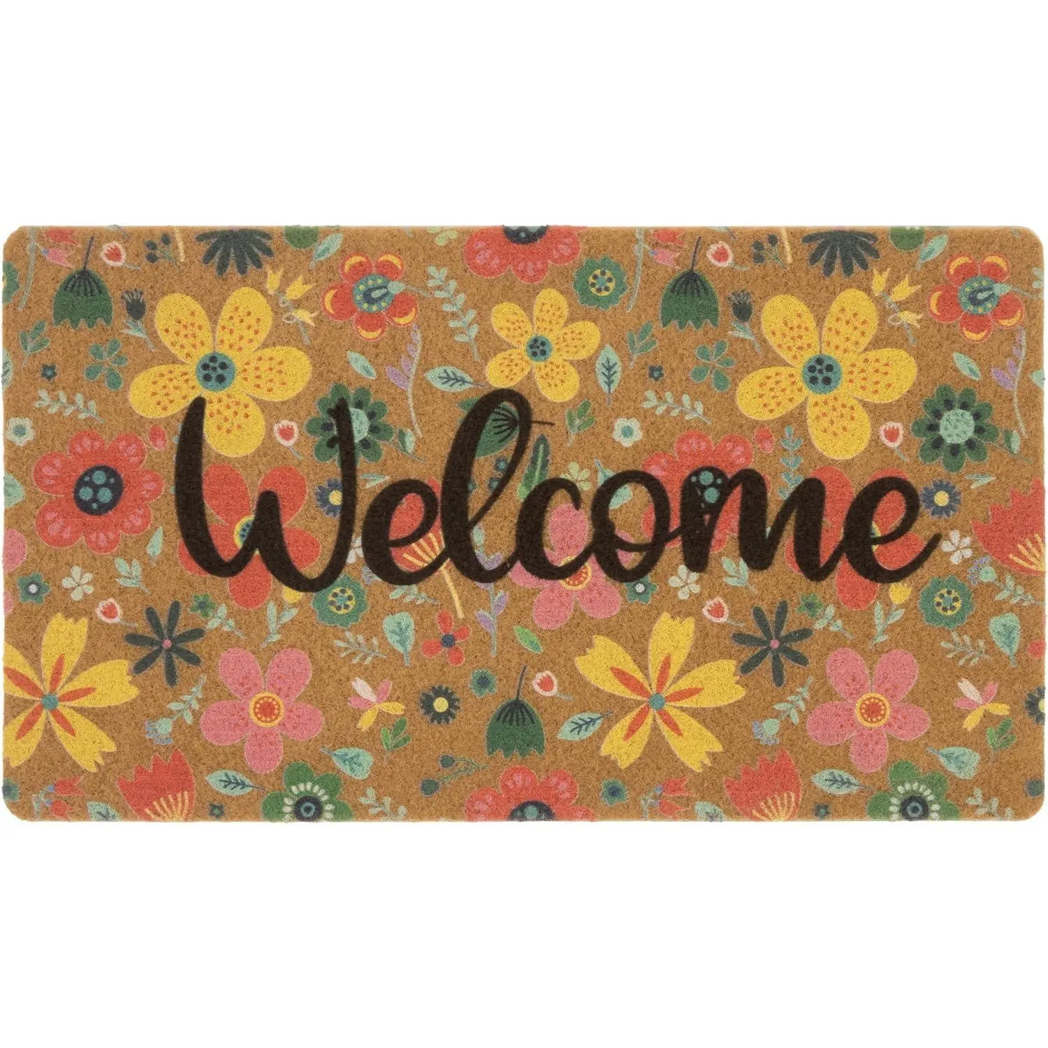 Floral Welcome Faux Coir Doormat Outdoor Entrance Dirt Trapping Mat 17x30" | Non Slip Vinyl , Seasonal Colorful Decor, 0.4" Low Profile,  Front Door Indoor Entry Porch Garden Garage Patio