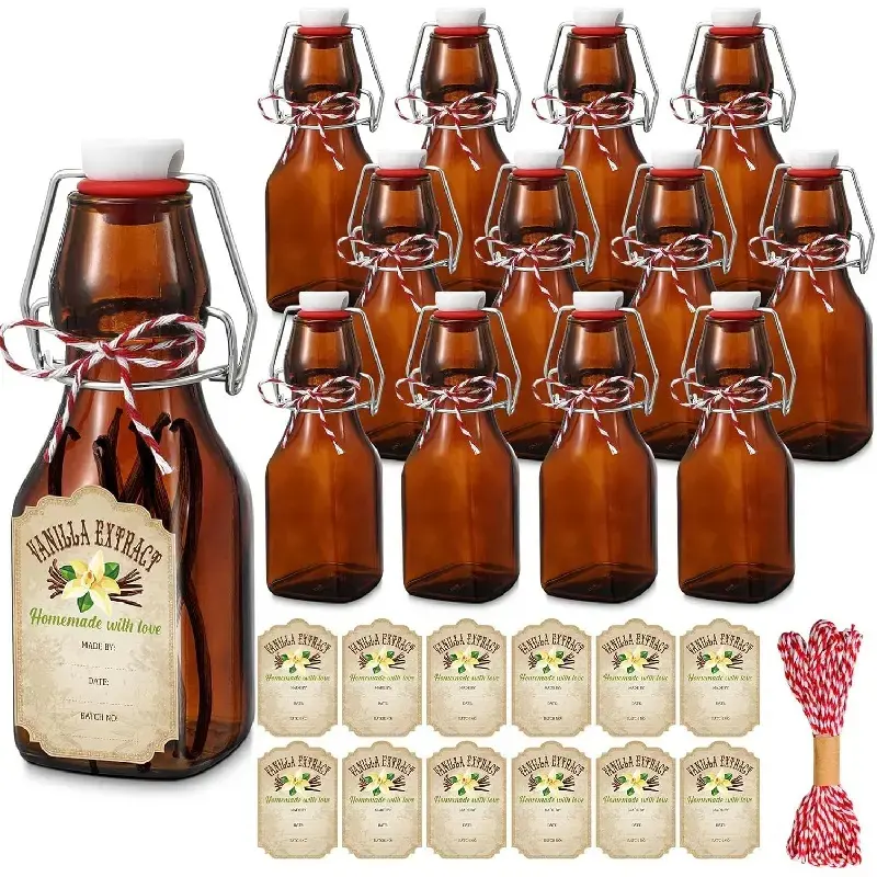 12-Pack 4oz Amber Square Glass Bottles with Leakproof Cap, Swing Lids, Labels & Twine, Reusable Household Containers for Vanilla Extract & Oils, Ideal for Birthday & Wedding Gifts
