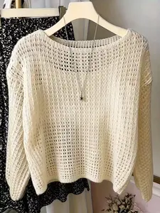 Loose Fit Lazy Style Mesh Long Sleeve Top, Hollow Out Design, Lightweight Layering Sun Protection Shirt, Trendy Fashion Outerwear
