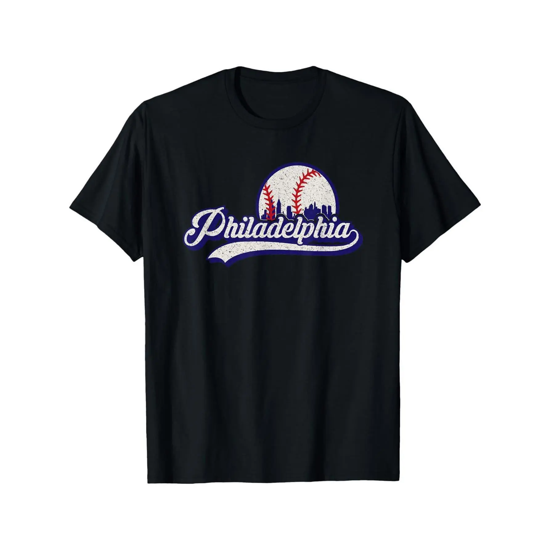 Men'S Vintage Distressed Philly Baseball T-Shirt - 220g Heavyweight Crew Neck Short Sleeve, Black with White & Blue Philadelphia Baseball Graphic, Casual Sports Fan Apparel for Casual Attire & Team Spirit, Men Graphic T Shirt, Men Shirt, Graphic Tee Men,