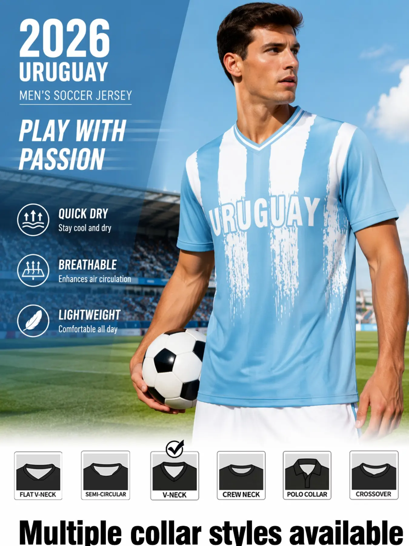 Men's Uruguay Sport Short Sleeve Top, Loose Fit Jersey, Vintage Vertical Stripes, Sky Blue, Comfortable Daily Wear, Football Fan Apparel