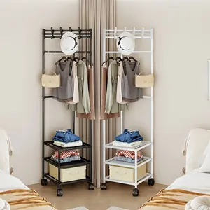 1 piece heavy-duty hanger - space saving independent hanger with hooks, sturdy metal structure suitable for bedrooms, wardrobes, living rooms - no assembly required, modern black/white clothing organizer, bedding storage, corner space saving, durable stor