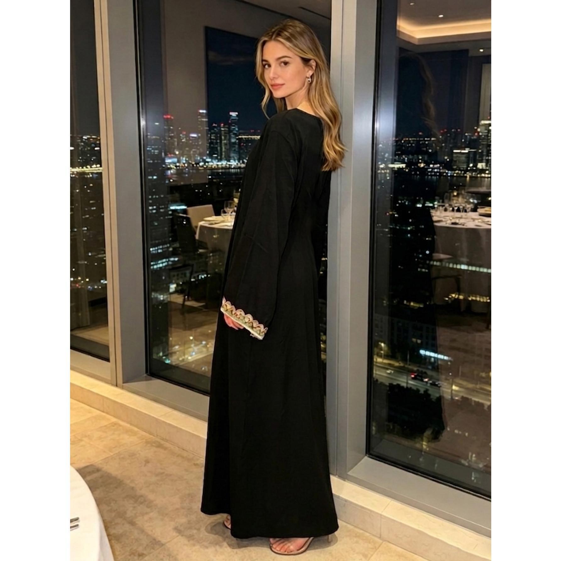 Elegant Black Embroidered Kaftan Maxi Dress Modest Boho Flowy Gown | Size Inclusive S-XL | Perfect for Evening Dinner, Church, Vacation & Daily Chic