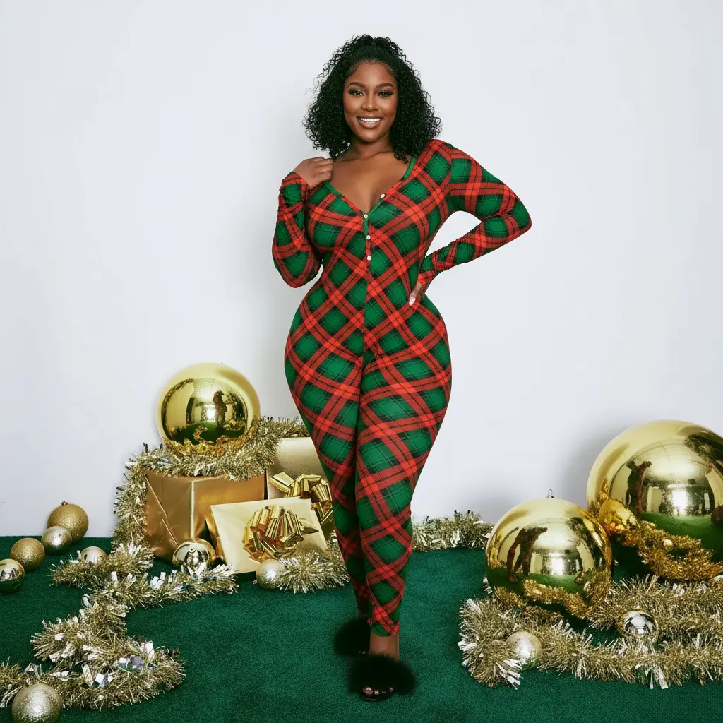 Women Christmas Long Sleeve Onesie Pajamas, V Neck Button Front Bodycon Jumpsuit Loungewear Holiday  Sleepwear