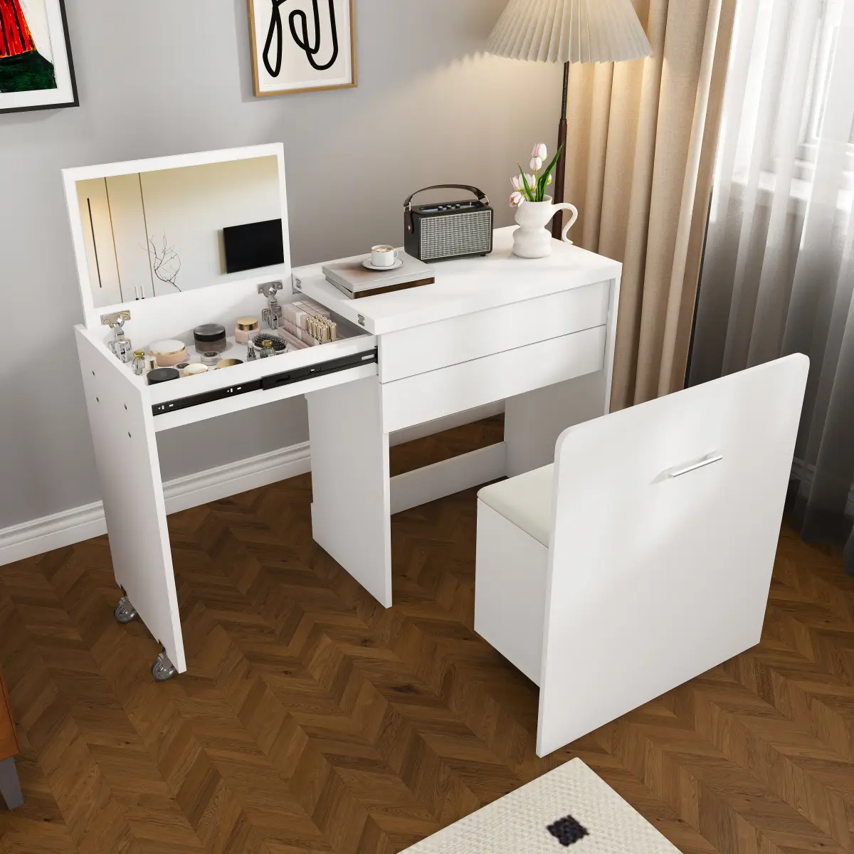 47 Inch Extendable Foldable Vanity Desk with Mirror,Drawer & Stool,3 in 1 Folding Makeup Vanity Table with Lockable Wheels for Bedroom Small Spaces Apartment Home Office,Study Desk (White)