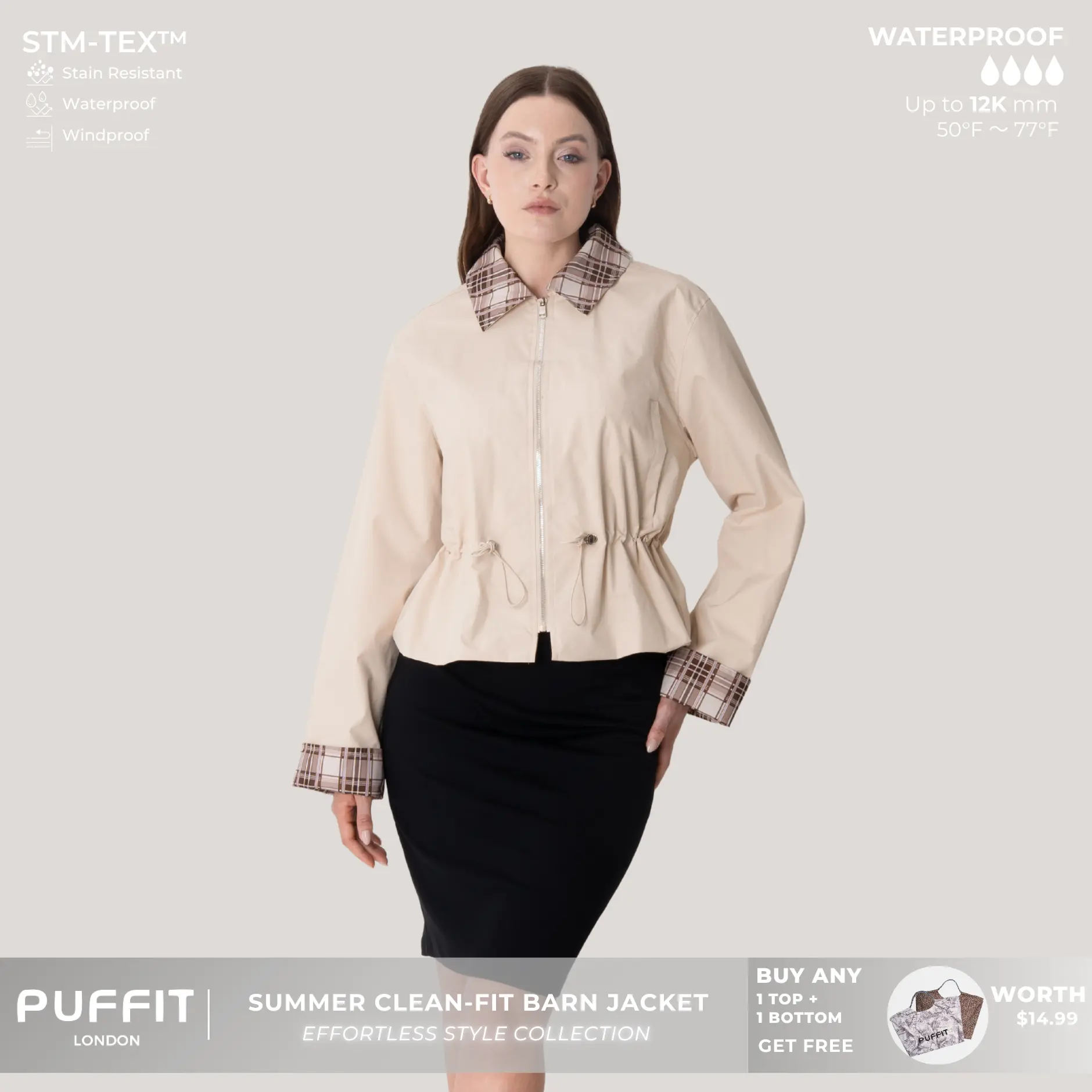 PUFFIT Effortless Style Short Checkered Cuff Jacket With Drawstring Waist,Stain-Resistant Windproof Outerwear,Football Mum,Outdoor,Sport,School Running,Womenswear,Windbreaker,Fall & Winter Jacket,2026 Shopping