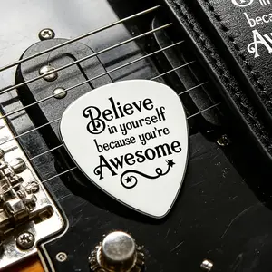 "Believe in yourself because you are awesome" A self-confident and inspirational stainless steel guitar pick - conveys positive, self-affirming positive energy and rock, music culture, is a music accessory with great emotional value