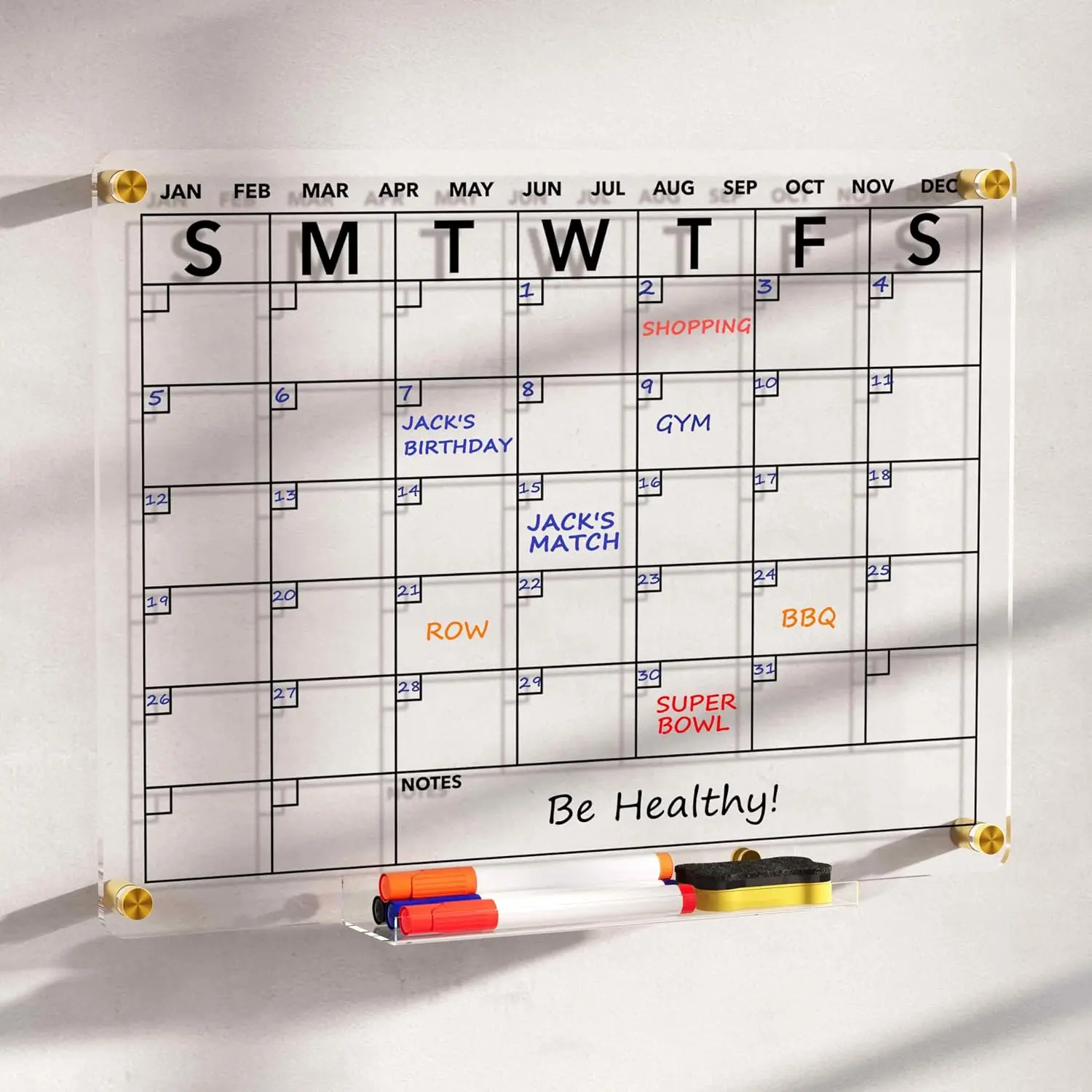Dry Erase Calendar Whiteboard for Wall, 16"x12" Clear Monthly Planner White Board, w/ 4 Colors Markers