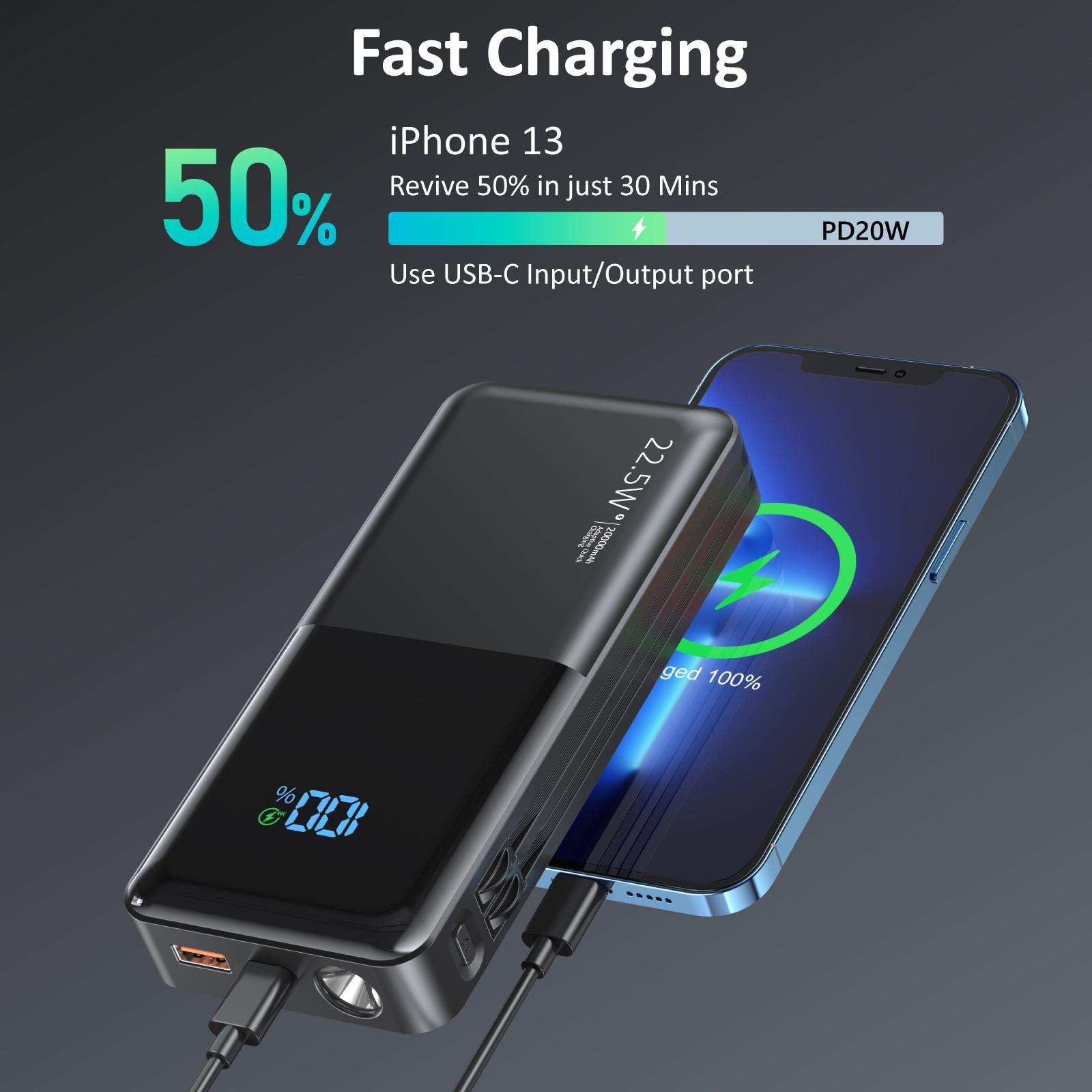 Portable Charger, 20000mAh SCP 22.5W & PD20W Fast Charging Phone Charger, Built-in Detachable USB-C & iOS Output Cable, Power Bank for iPhone Android Samsung