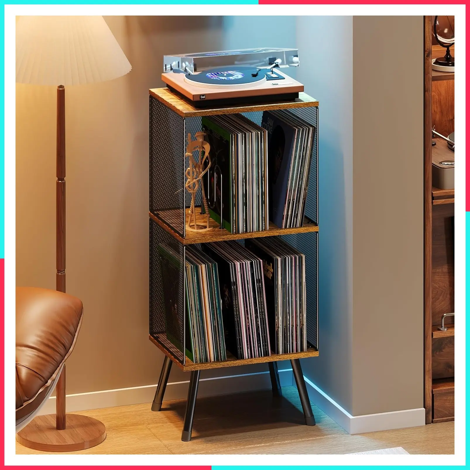 3-Tier Record Player Turntable Stand with Storage for up to 200 Albums, Corner Vinyl Record Holder with Adjustable Divider, Mid-Century Record Table Vinyl Storage for Bedroom Living Room