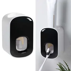 2 Slot Toothbrush Holder and Toothpaste Dispenser, Automatic Toothpaste Squeezer, Wall Mounted, Dark Amber