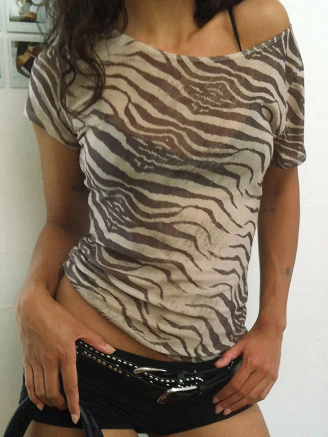 European and American Style Summer New Casual Round Neck Mesh Animal Print Short Sleeve Top, Women's Zebra Stripe Pattern T-Shirt, Cross-Border Fashion