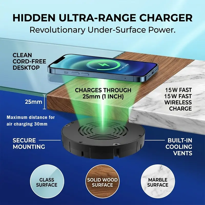 Hidden Under Desk 15w Wireless Charger, Marble Top Solid Wood Nightstand, Inductive Wireless Charging, Smart Home Accessory, Up to 30mm Thickness