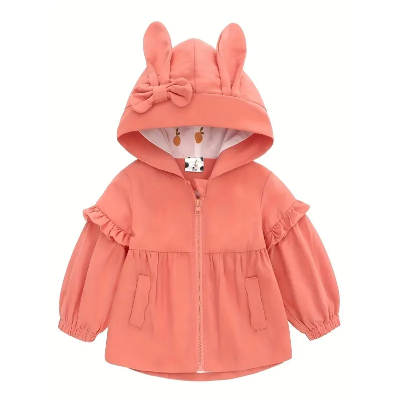 Girl's Outdoor Windbreaker Jacket, Sporty Casual Hooded Outerwear, Easter Bunny Ear Hooded Jacket for Girls, Little Girl's Orange-Pink Princess Style Jacket, Children's Lightweight Spring/Autumn Jacket, Cute Bunny Style Outerwear for Spring