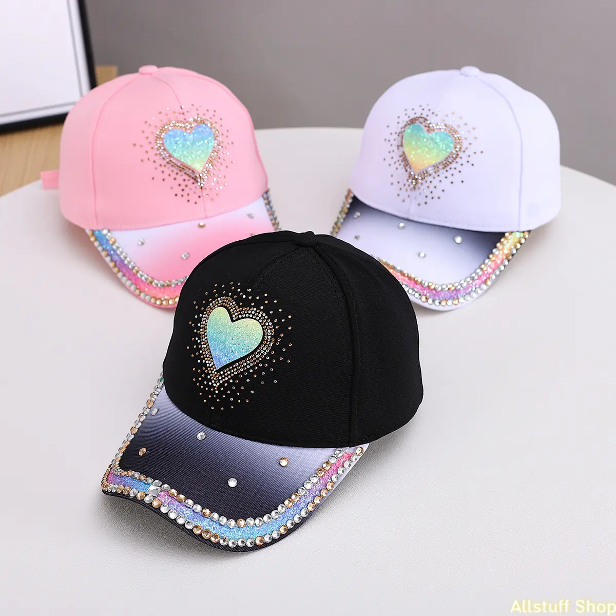 Women's Cotton Rhinestone Butterfly Heart Baseball Cap - 2026 Trendy European-American Fashion Gradient Duckbill Hat, Decorative Rhinestones Style, Gradient Design, Rhinestone Hats, Decorative Rhinestones Hats