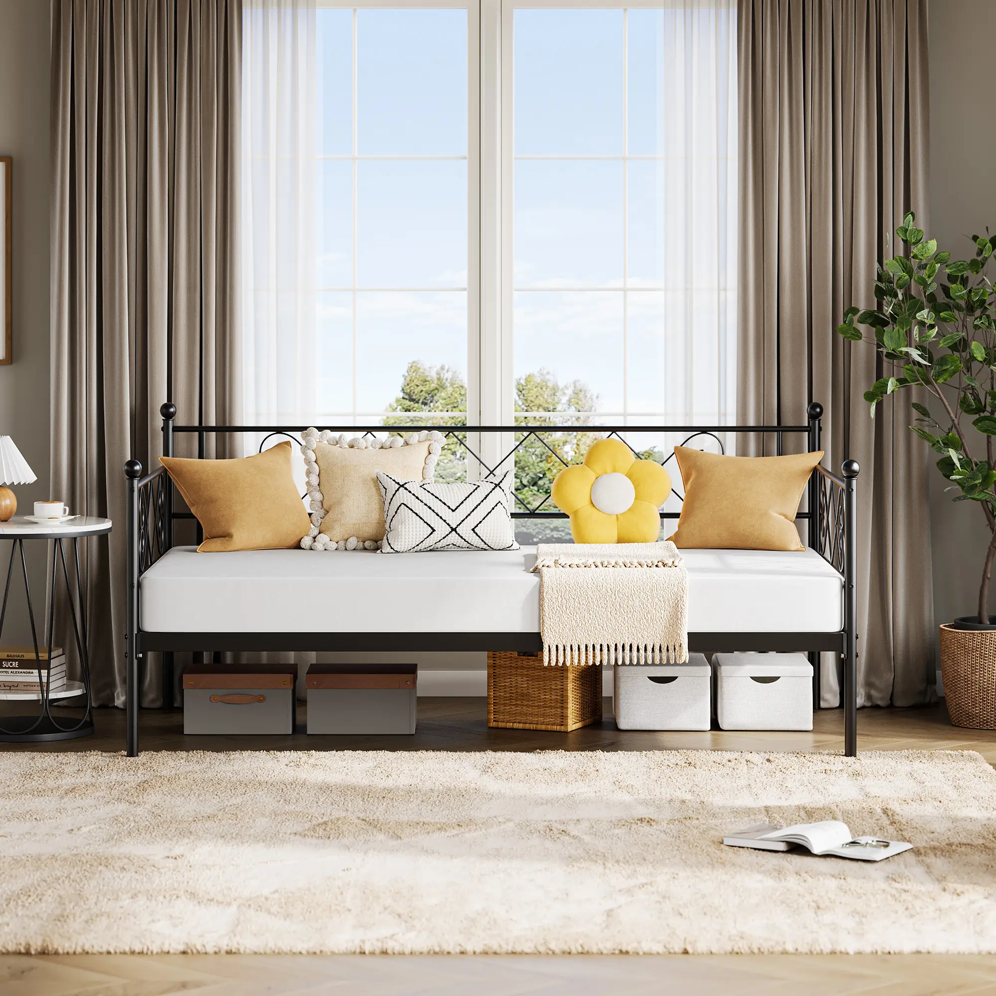 Daybed Without Trundle, Heart-Shaped Headboard, Sturdy Metal Sofa Bed Frame, Heavy-Duty Support, Easy Assembly, for Living Room, Bedroom, Guest Room