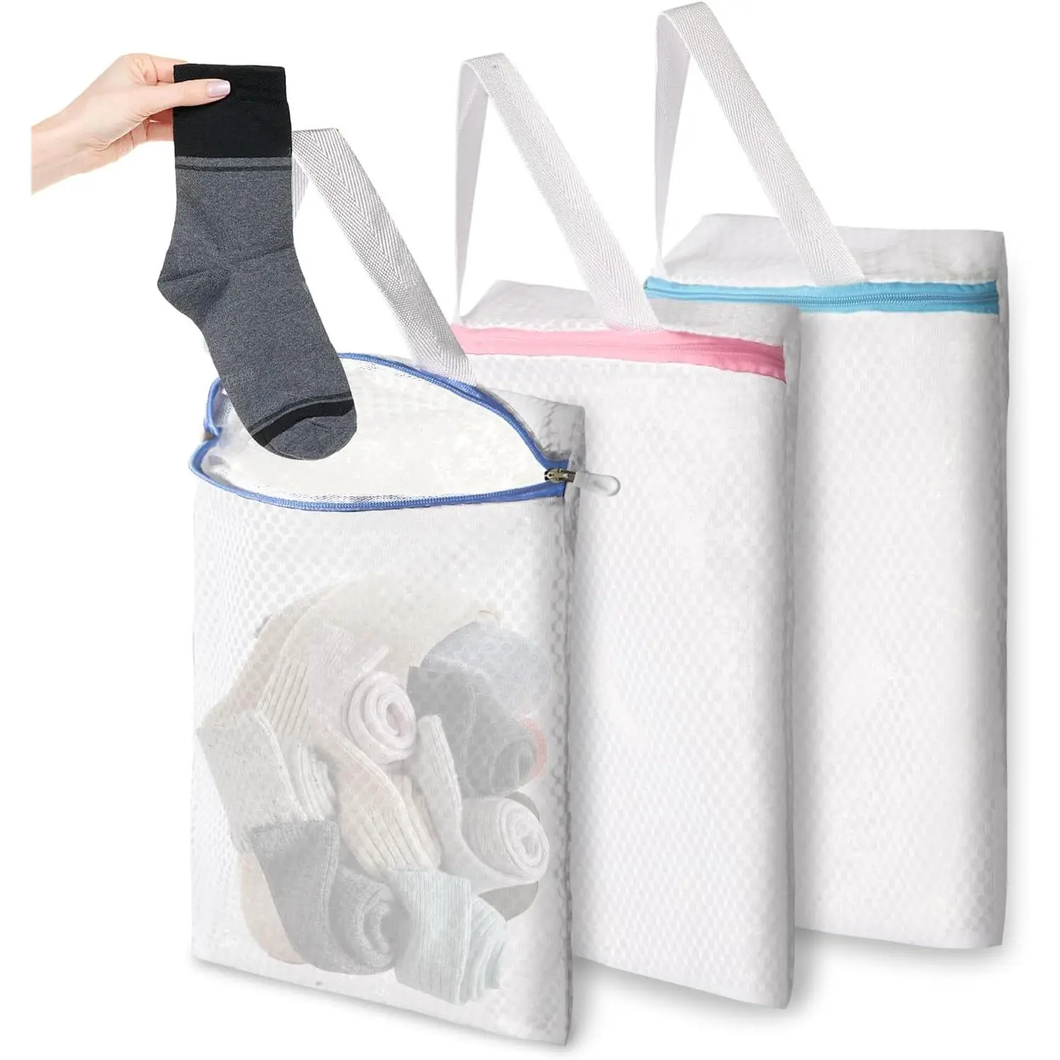 3-Pack Synthetic Mesh Texture Laundry Bags with Rustproof Hooks, 12x10 in, 3 Colors, Machine Washable for Socks, Delicates, Travel & Dorm Use, 12 In