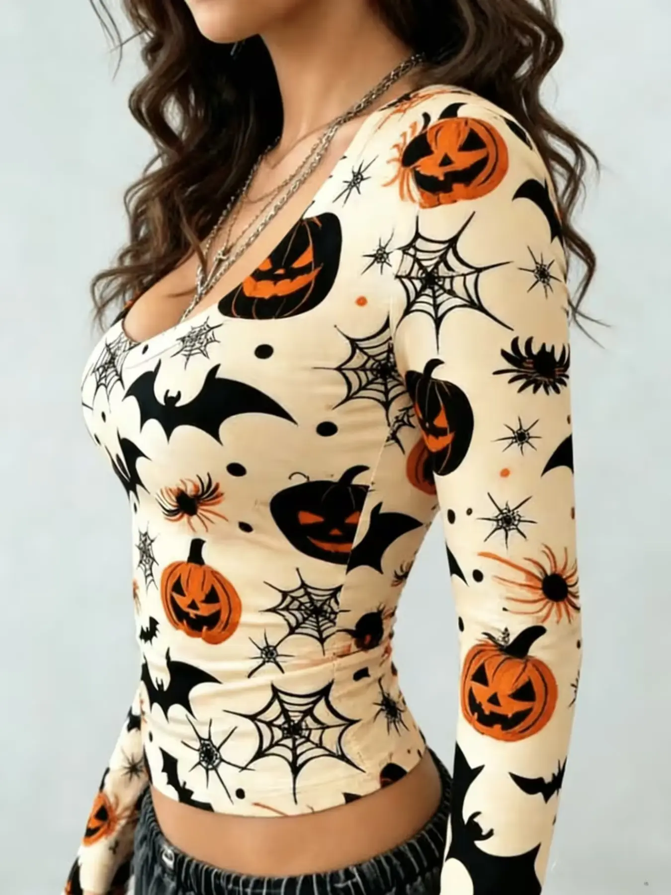 Halloween Pumpkin Bat Full Print Long Sleeve T-Shirt for Women, Sexy V-Neck Slim Fit Short Top, Festival Atmosphere Base Layer
