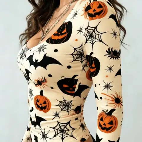 Halloween Pumpkin Bat Full Print Long Sleeve T-Shirt for Women, Sexy V-Neck Slim Fit Top, Festival Atmosphere Base Layer