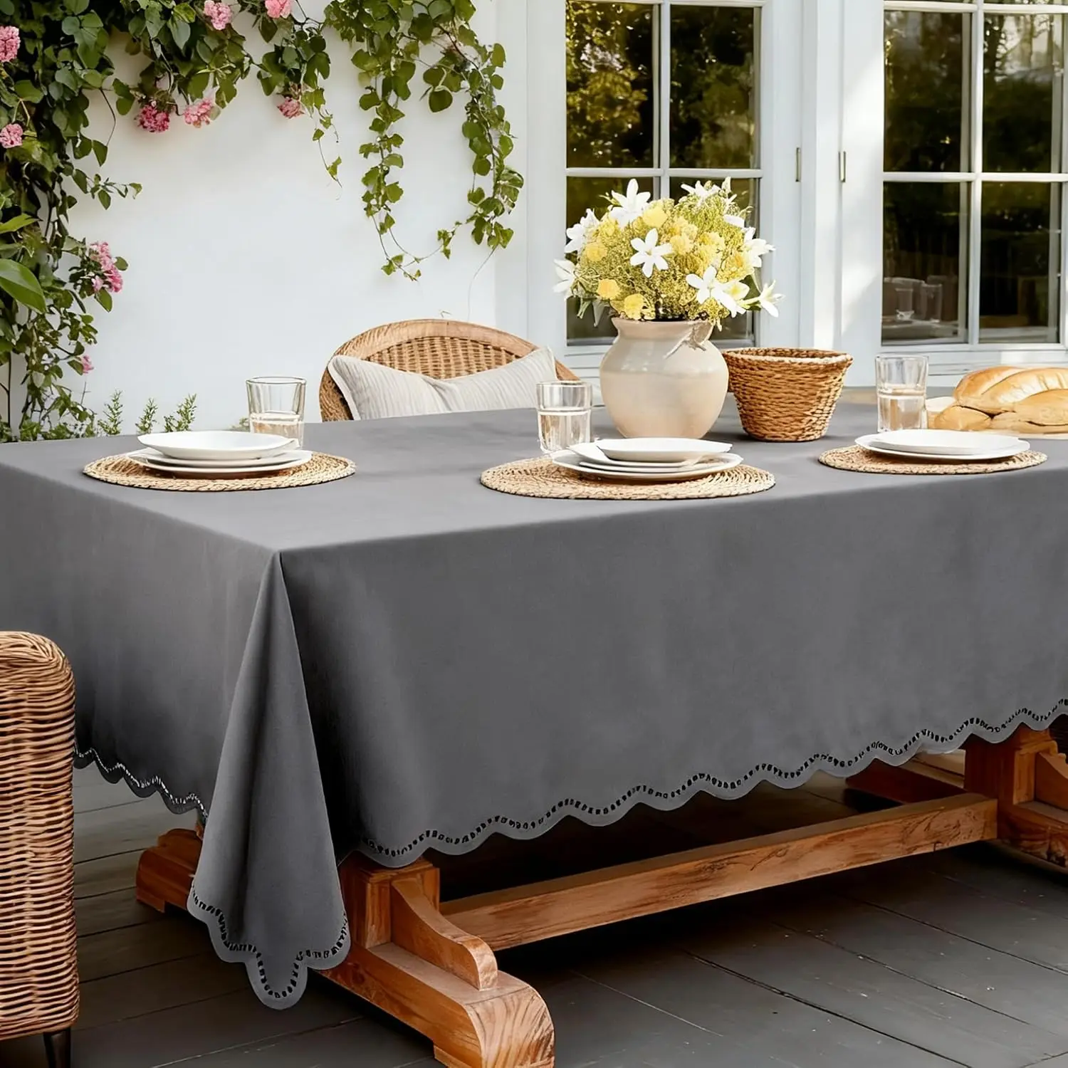 Rectangle Tablecloth Scalloped Cutouts  Table Cover 55x84, Grey | Linen Textured Boho Table Cloth for Dining Outdoor Camping, Stain Resistant