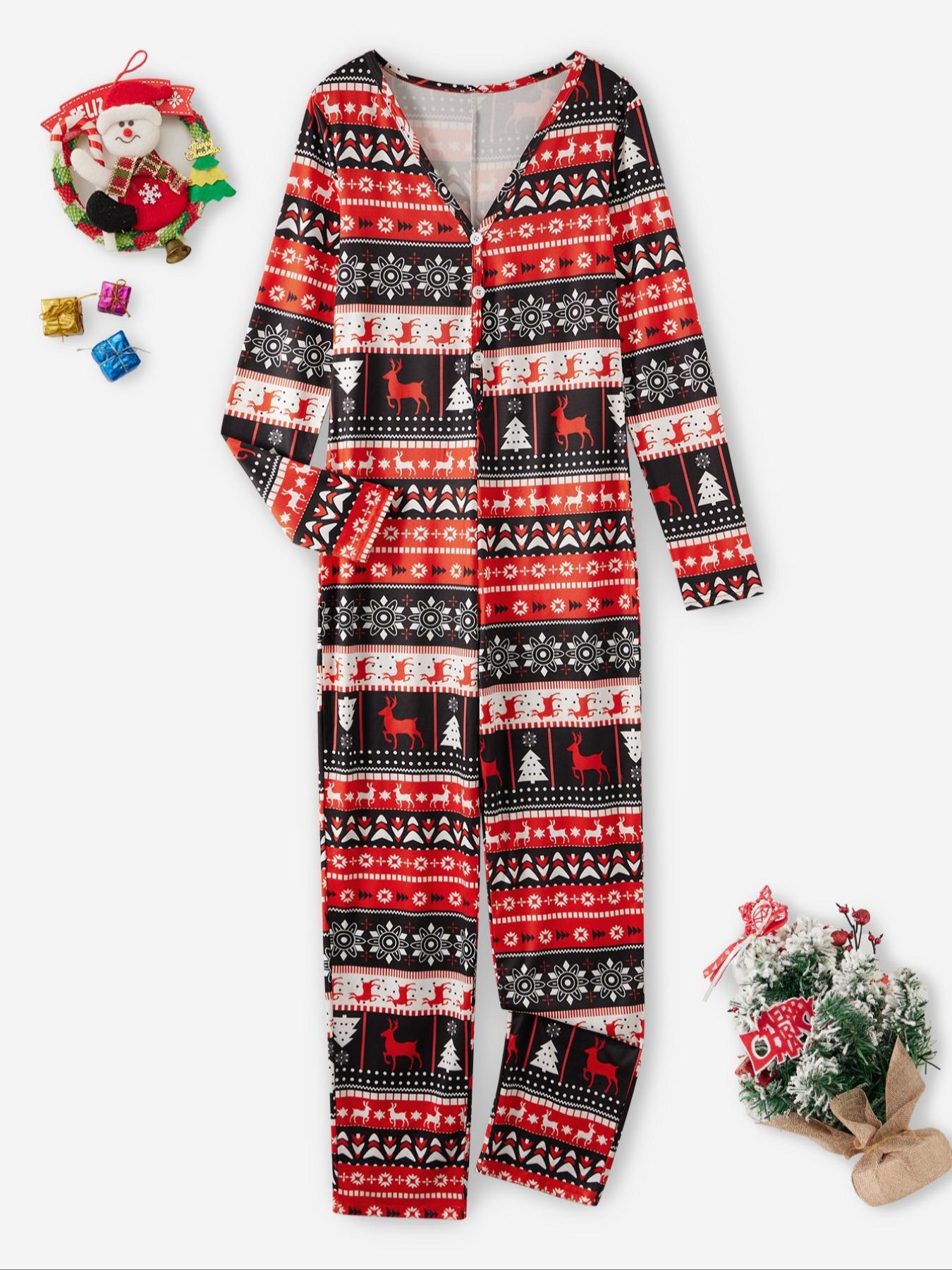 Women's Christmas Themed Print Button Front Lounge Jumpsuit, Casual Comfy Long Sleeve V Neck Jumpsuit, Ladies Sleepwear for Fall & Winter Pajama Onesies