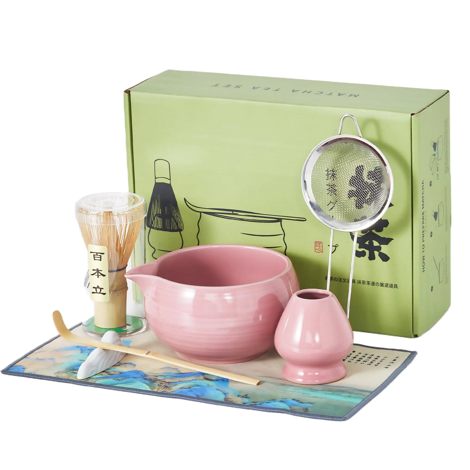 Women's 8-Piece Pink Matcha Theme Ceramic Round Bowl Set - Bamboo Whisk, Bamboo Scoop, Stainless Steel Sifter, Chasen Holder, Tea Cloth, Spoon - Complete Matcha Starter Kit, Gift Ready Kitchenware