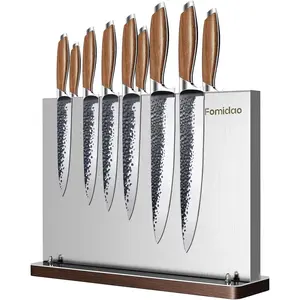Magnetic Knife Block Without Knives,Stainless Steel Magnetic Knife Holder Rack for Kitchen Counter,Strong Double Sided Magnet Knife Storage Stand with Wood Base