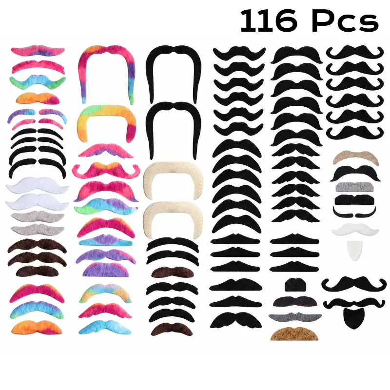 116 Pcs Self Adhesive Fake Mustaches Set – Realistic Stick on Beards & Eyebrows for Halloween Costume, Masquerade Party, Christmas & Mexican Fiesta, Funny Novelty Face Stickers Bulk with French Pirate Detective Styles